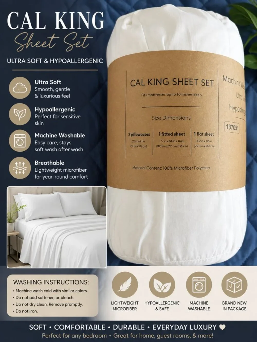 Cal King White Microfiber Sheet Set Ultra Soft Hypoallergenic Deep Pocket NWT